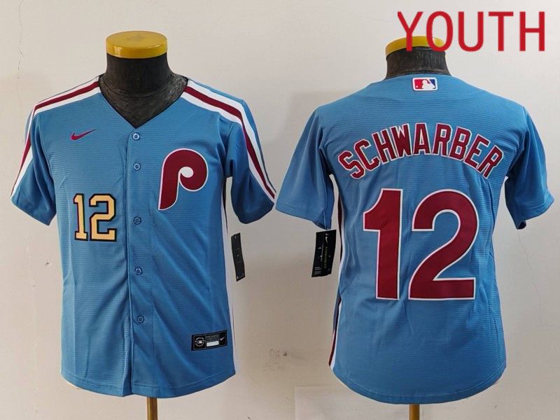 Youth Philadelphia Phillies #12 Schwarber Blue Throwback 2024 Nike MLB Jersey style 2->youth mlb jersey->Youth Jersey
